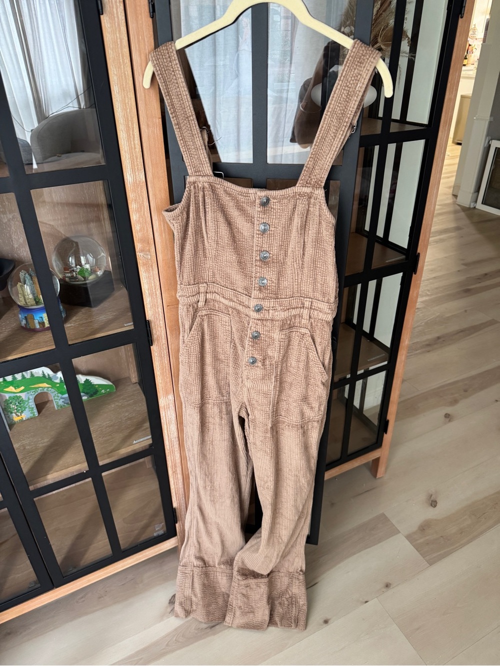 Aerie Corduroy Kick Flare Overalls jumpsuit khaki wide leg cappuccino buttons - Picture 2 of 10